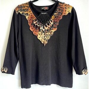 Jumper Stephen Y Sweater Women Large XL  Black V Neck Embellished Flower Pattern